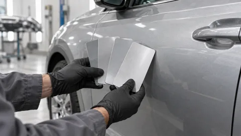 Farbtonvergleich mit Lackmustern an einer silbernen Fahrzeugtür